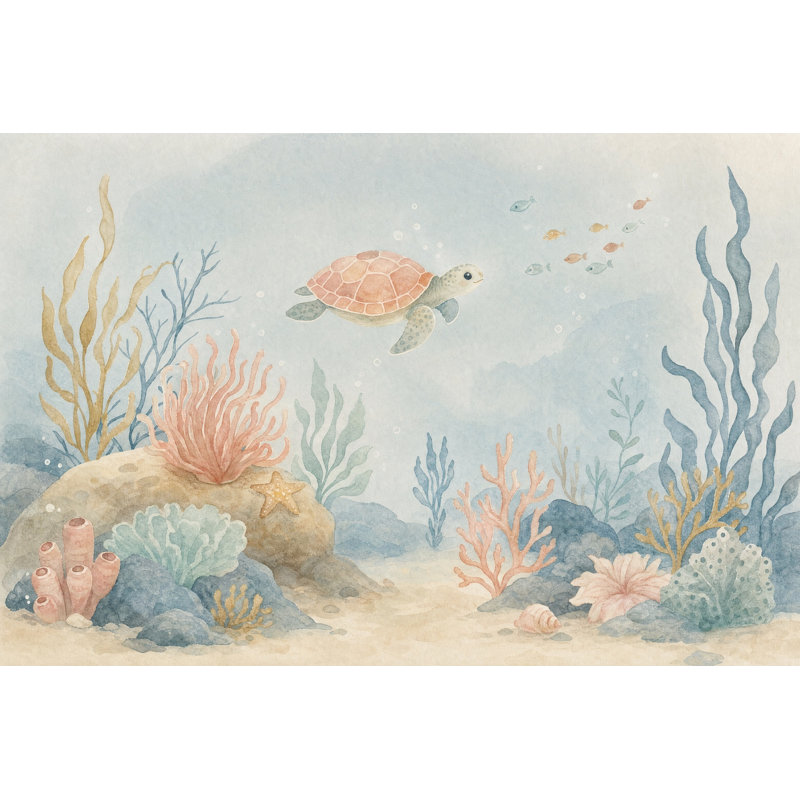 Papier peint tortue marine récif corallien sous-marin décoratif amovible, 120"x96", Peel and Stick