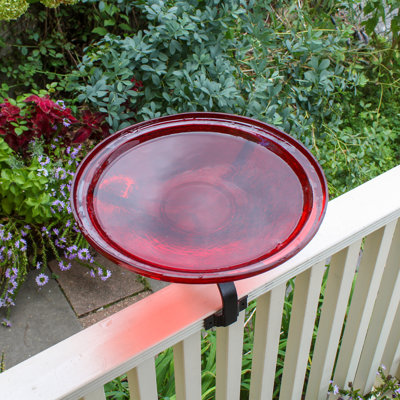 14" Cobalt Crackle Glass Birdbath With Over Rail Bracket
