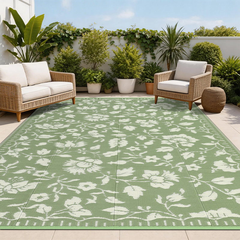 Waterproof Reversible Outdoor Rug – UV Resistant Plastic Straw Carpet – Lightweight & Collapsible for Patio, Deck, RV, Camping or Backyard – Floral Print
