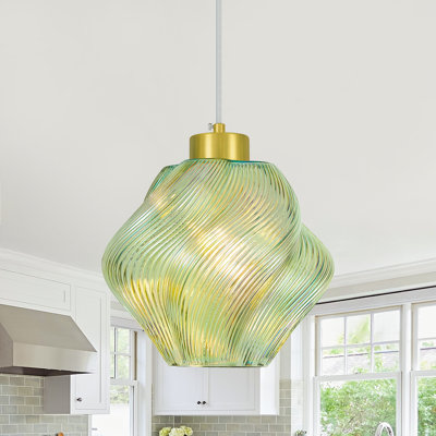 Suspension moderne en verre coloré avec abat-jour en verre torsadé, idéale pour îlot de cuisine, chambre ou salle à manger.