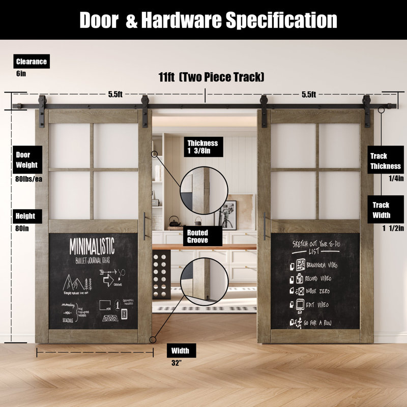 Portes de grange non assemblées et finies avec ensemble de quincaillerie d'installation non-by-pass de 32 po x 80 po Homacer Classic Grey Double, rail de 11 pi, usage intérieur seulement