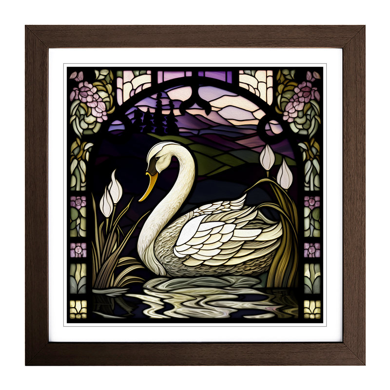 Swan Stained Glass Effect - Single Picture Frame Print on Wood, Walnut