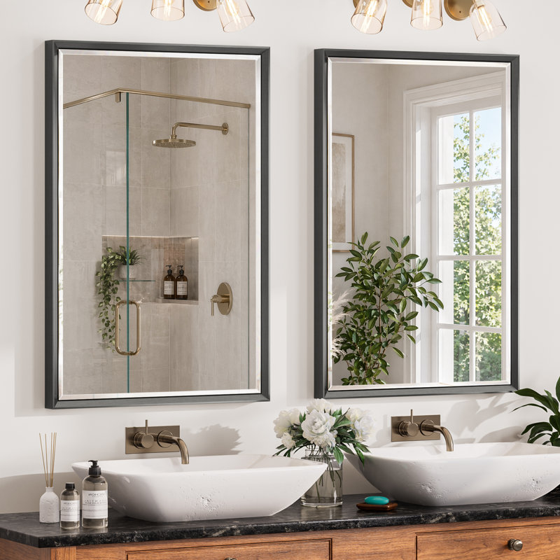 Miroir de salle de bain biseauté avec verre trempé et cadre en aluminium (ensemble de 2), 24" x 36", Brushed Black