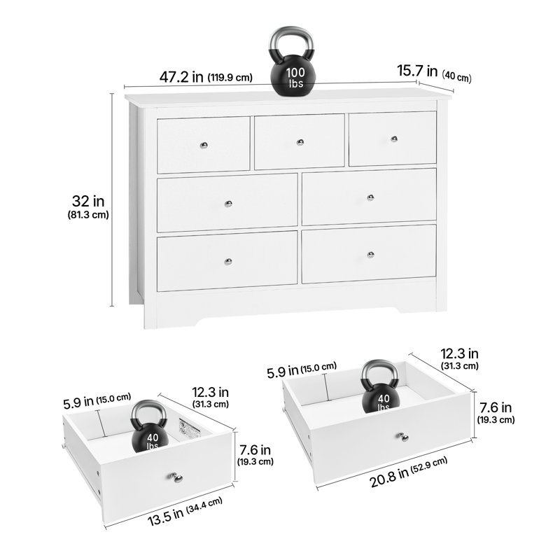 7 Drawer Dresser, Wooden Chest of Drawers with Sliding with Anti-tip Device, Modern Minimalist Dresser Chest, Closet Storage Organizer for Living Room, Hallway, Bedroom, Entryway, White
