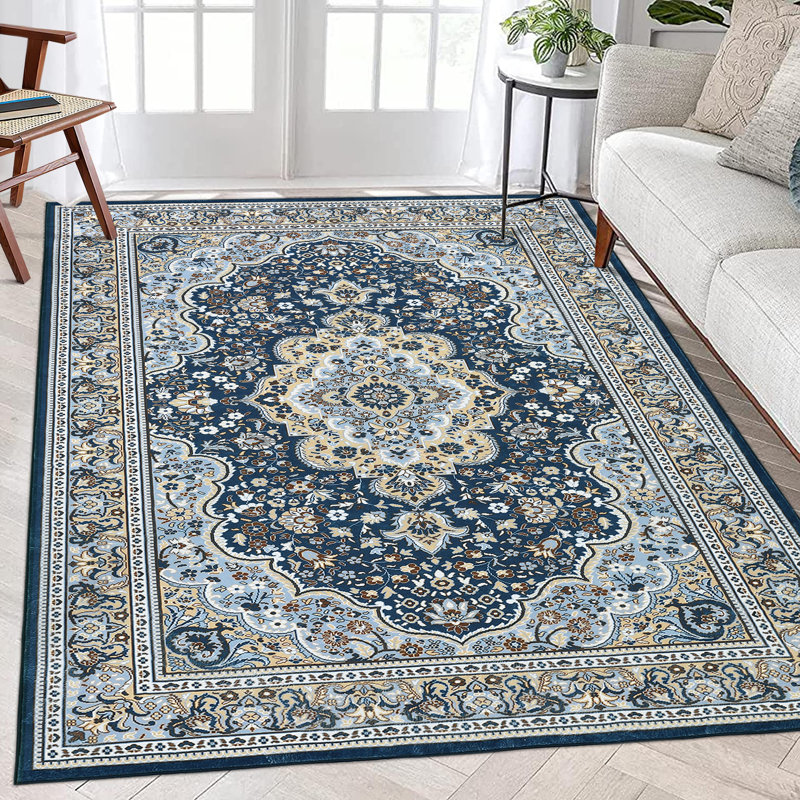 Tapis bleu / beige en polyester tissé à la machine 8 pi x 10 pi Dainah