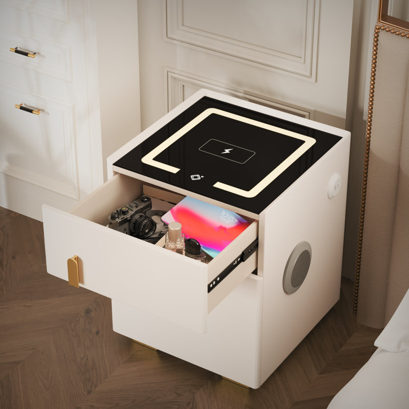 Smart 1-Drawer Nightstand With Insurance, Wireless Charging, Usb Port, Bluetooth Speaker And Led Light, White