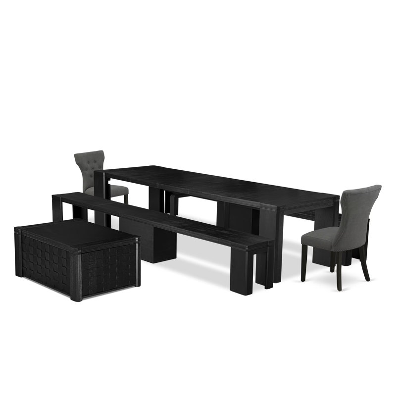 Ensemble de table de salle à manger 6 pièces avec table basse et table basse 2 bancs en bois et 2 chaises en tissu gris foncé Gotham
