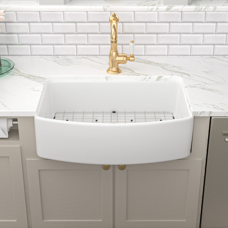 30'' L x 19'' W Ceramic Apron Kitchen Sink, Single Bowl  Kitchen Sink with Sink Grid and Basket Strainer