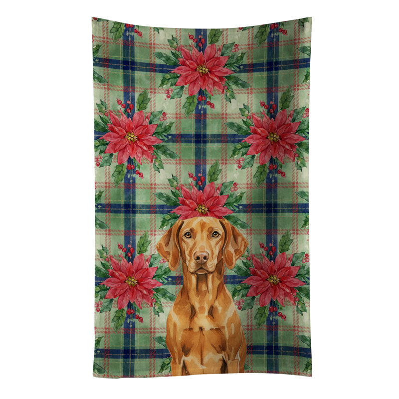 Vizsla Christmas PoinsettIas Kitchen Towel, Red Vizsla