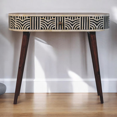 Solid Wood Honey Caramel Edessa Bone Inlay Console Table, 1-Drawer, Nordic Legs, White And Brown
