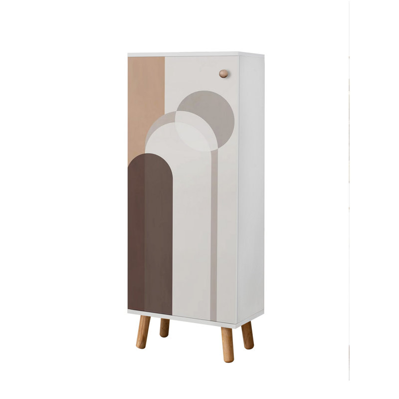 Modern Shoe Cabinet with Solid Wood Legs & Handles, White, 19.7 x 53.1 x 15.0 inches | 100% Melamine Coated Chipboard, UV Coated, Numerous Shelves | Abstract Geometric Design, Perfect for Entryway & Storage Solutions