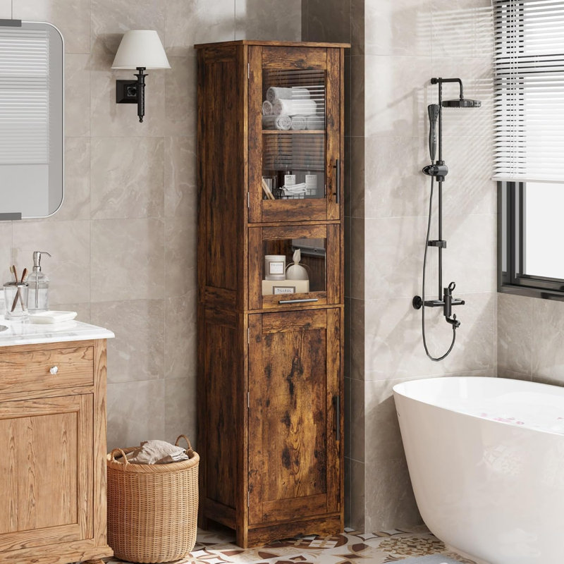 Grande armoire de rangement autoportante de 67 pouces avec portes en verre et tablettes réglables, armoire en panneau de fibres à densité moyenne imperméable avec quincaillerie anti-basculement pour salle de bain, cuisine et salle de lavage, rangée simple, chêne foncé