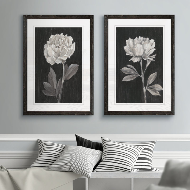 «Black and White Flowers III», ensemble de 2 reproductions d'art encadrées, H 20 po x l 32 po, Ébène
