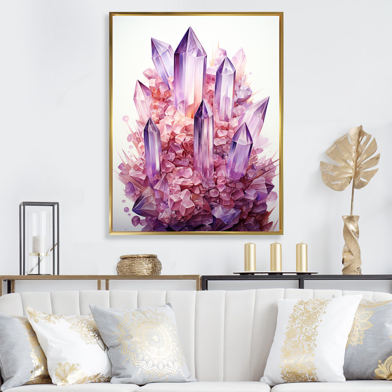 «Pink Amethyst Geode Essence 1», art mural pierre géode, Cadre flottant doré, H 60 po x l 28 po