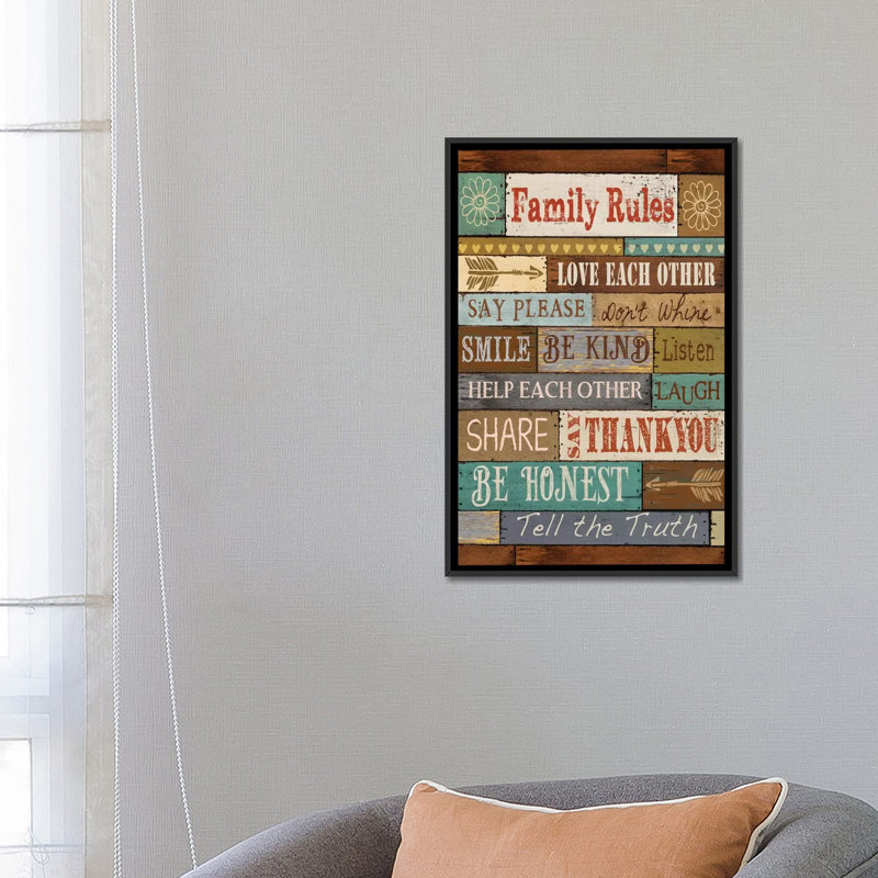 " Family Rules " by Conrad Knutsen, 26" H x 18" W x 1.5" D, Black Framed Canvas, No Mat