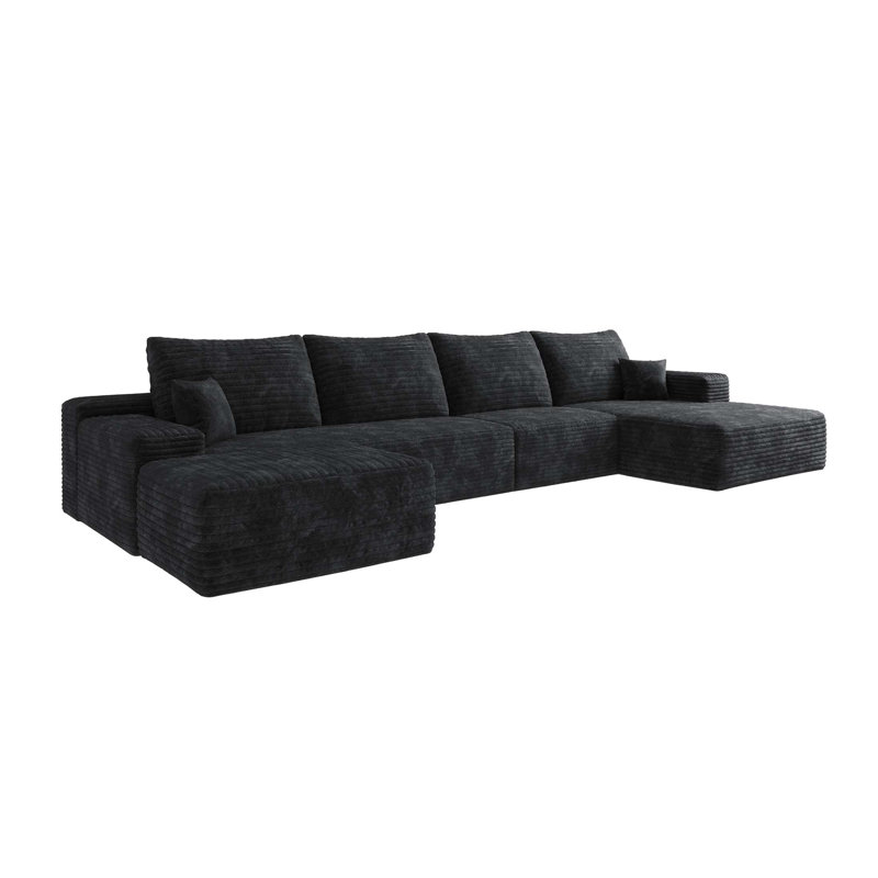 Canapé modulaire 107 po avec 1 repose-pieds Cloud, fauteuils rembourrés minimalistes modernes, canapé en U confortable pour le salon, canapé d'angle à assise profonde, aucun assemblage requis, noir (tissu en velours côtelé moelleux)