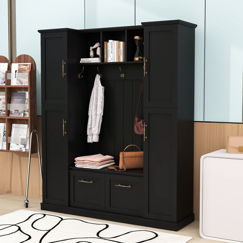 Hall Tree with Storage Bench, Cabinets, Shelves and 5 Hooks, Black