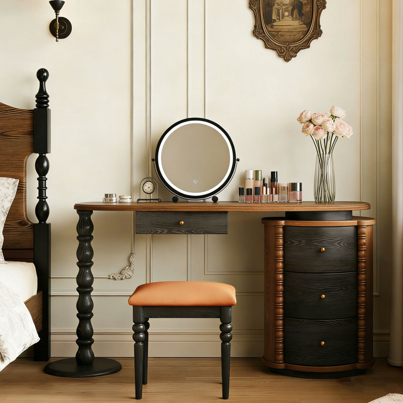 Coiffeuse vintage de style français en bois massif avec miroir, 100 cm (39,37 po)., 29.53" H x 39.37"W x 15.75" D