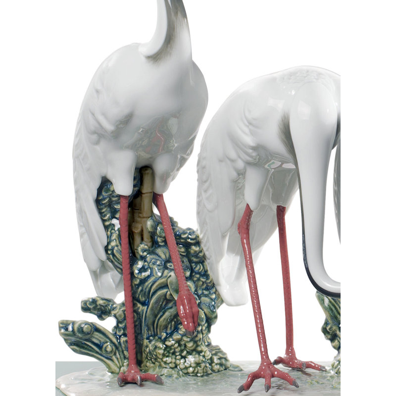 Elegant White and Green Crystal Crane Figurine Set