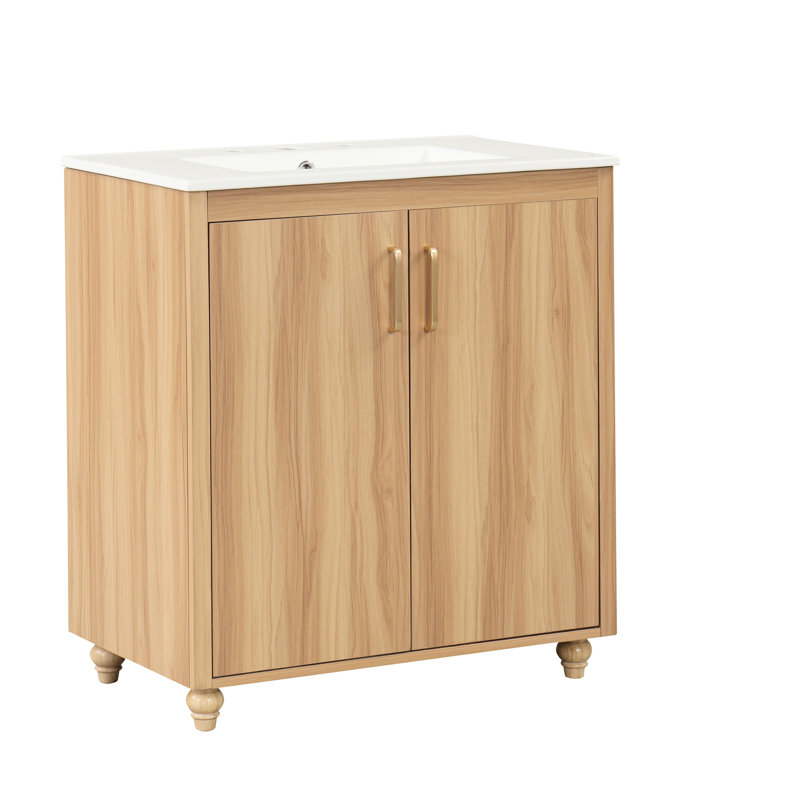 30" Bathroom Vanity Sink - Modern Freestanding & Solid Wood Cabinet , Natural Elegance. . Ceramic With Overflow Hole. Adjustable Shelf. Functional Storage Unit Drawer
