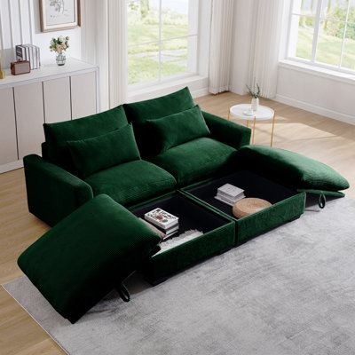 Canapé Corduroy à deux places avec 2 repose-pieds de rangement, canapé modulaire à 2 places, sièges confortables, canapé vert