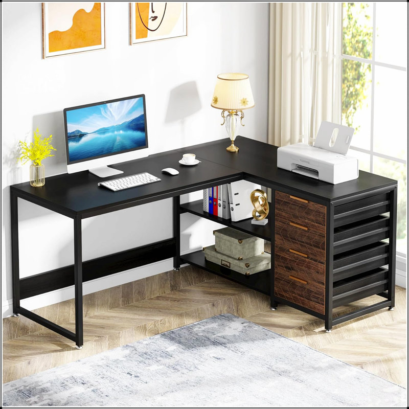 Bureau d'ordinateur en L 59 pouces avec tiroirs et tablettes de rangement, poste de travail de coin réversible, bureau d'écriture avec classeur
