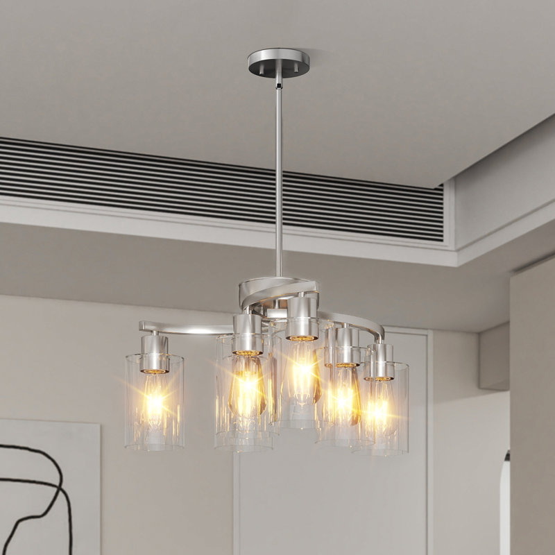 Luminaire suspendu industriel réglable 6 lumières avec verre transparent, Six lumières, Nickel