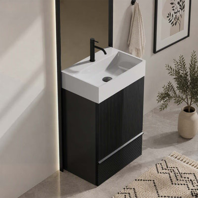 20 Inch Striped Matt Black Bathroom Vanity with Ceramic Sink, Freestanding Cabinet for Modern Bathrooms, One-Piece Basin Without Drain and Faucet, KD