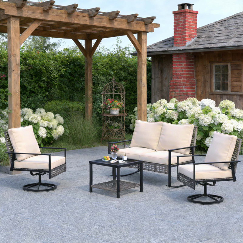 4 Piece Outdoor Furniture Swivel Chair Sets With Cushions, Beige