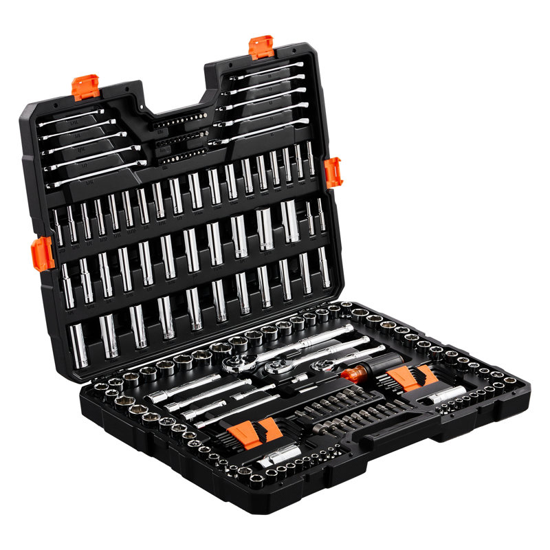 Mécanique pour outils et douille, 205 pièces, douilles standards profondes de 1/4 po 3/8 po 1/2 po, métriques, embouts, clé combinée, clés, accessoires, étui de rangement, rouille - Cr V, fiabilité à couple élevé