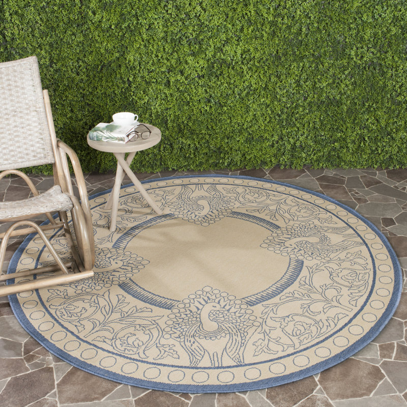 Arneshia Floral Natural/Blue Area Indoor/Outdoor Area Rug, Round 6'7"