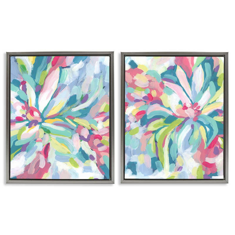  "Pastel Whimsy Flower", ensemble de 2 toiles flottantes encadrées par June Erica Vess, Cadre flottant gris lustré