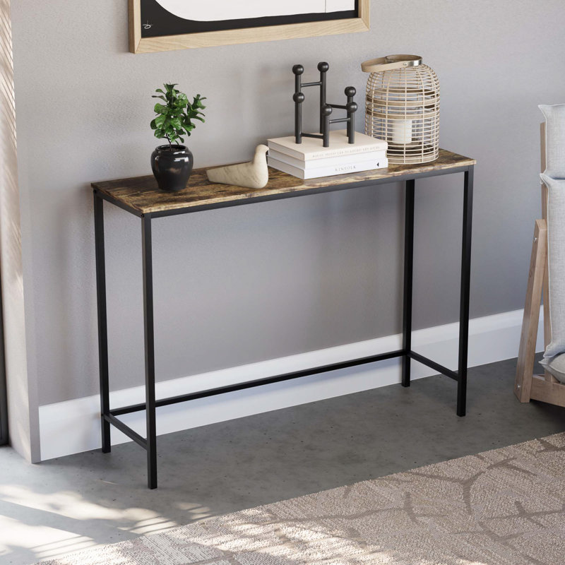 Sylvie 100Cm Industrial Style Slim Console Table With Metal Legs For Hallway and Living Room, Dark Wood