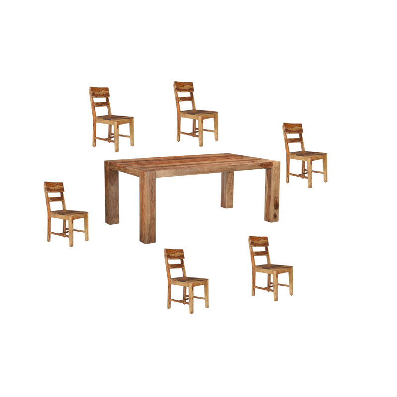 Ensemble de salle à manger 7 pièces en bois massif avec chaises et table à dossier échelle, Naturel