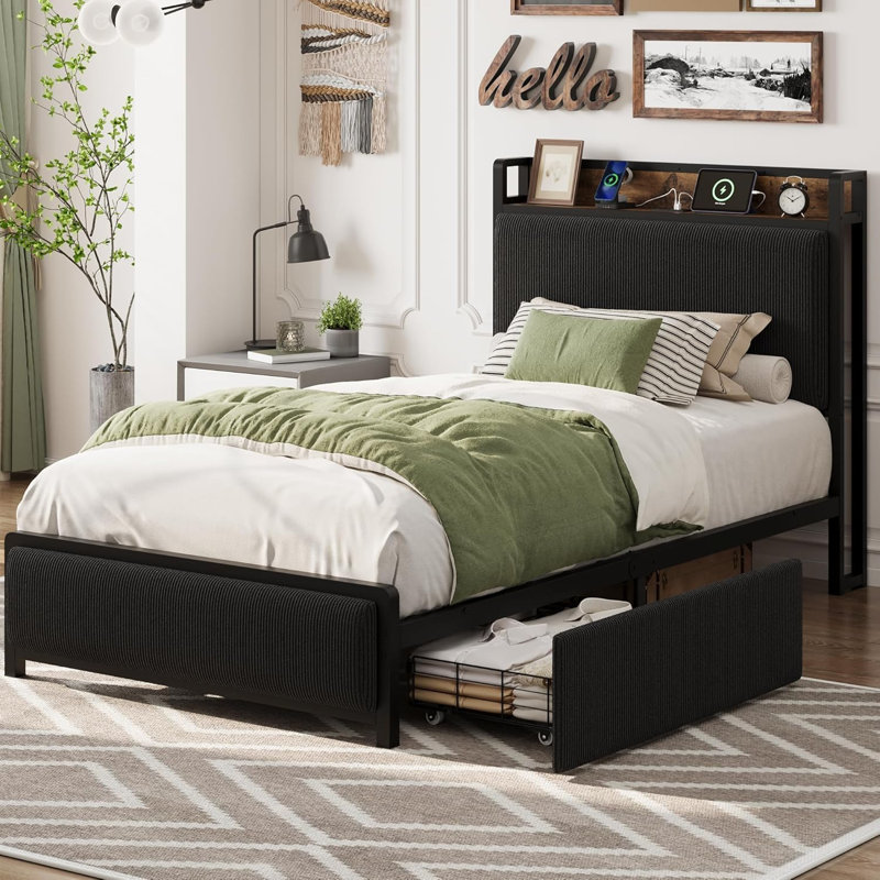 Twin Platform Bed Frame with Velvet Upholstered Headboard, 2 Storage Drawers, USB Charging Ports, Black