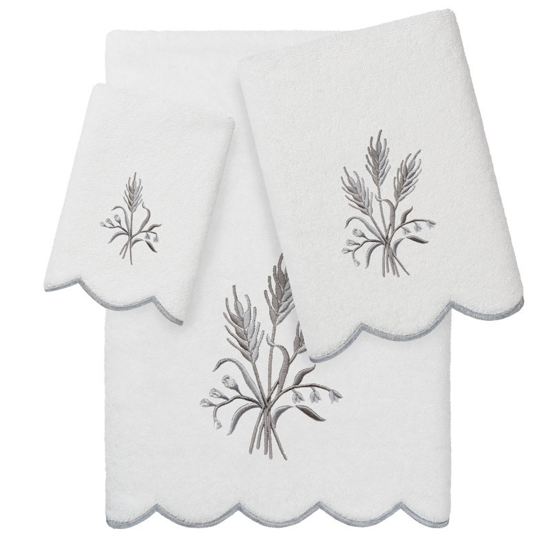  100% Turkish Cotton WHITNEY Scallop 3PC Embellished Towel Set, White/Gray, 3 Piece Towel Set
