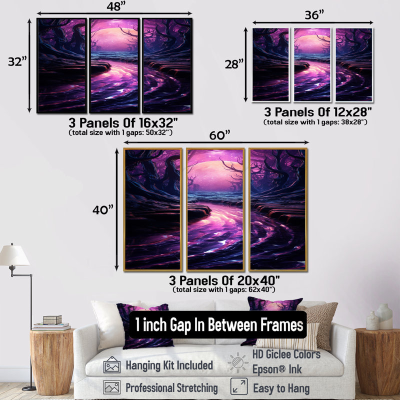 «Purple Forest River Enchanted Forest Sunset», ensemble d'impression d'art mural, Cadre flottant noir