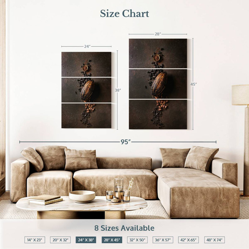Assortiment de fève de cacao, H 38 po x l 24 po
