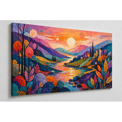 Grande rivière colorée, coucher de soleil, art mural 24 x 36 pouces, peinture de montagne, art de la nature, décor pittoresque pour le salon, la chambre à coucher - prête à être accrochée