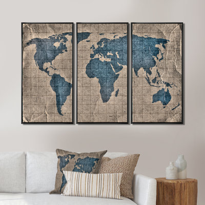 Ancienne carte du monde I - 3 pièces sur toile, cadre flottant