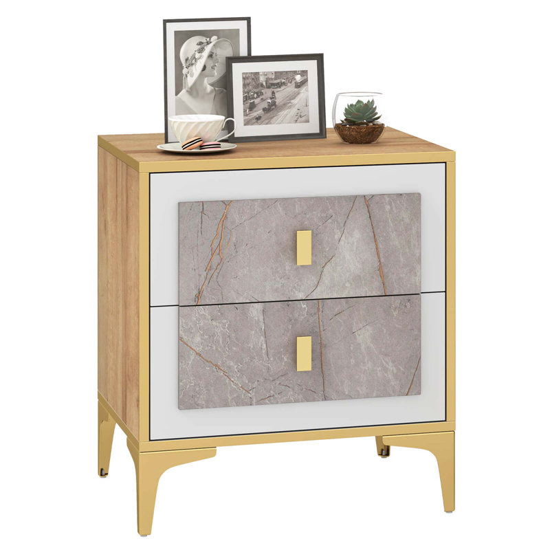 Nightstand With Storage Faux Marble Surface Accent Table With 2 Pull-out Drawers, 2