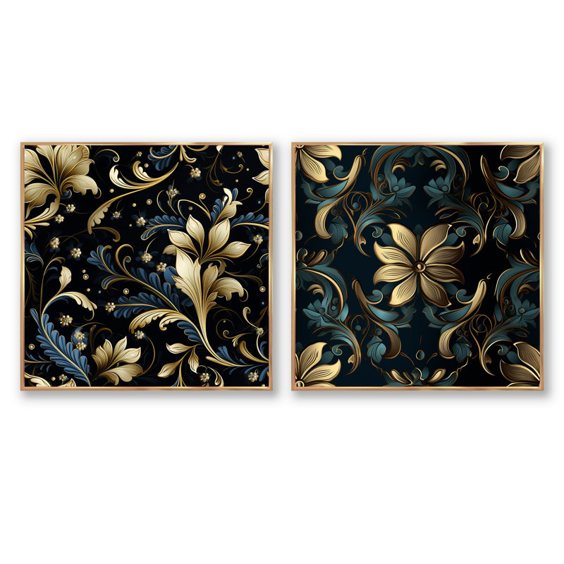 Essonnes - Abstract Botanicals Square Collage Set Of 2, 16" H x 33" W, Gold Floater Framed