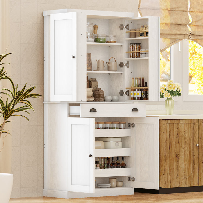 Kitchen Pantry Cabinet With Sliding Storage Rack And 6 Hanging Shelves, White