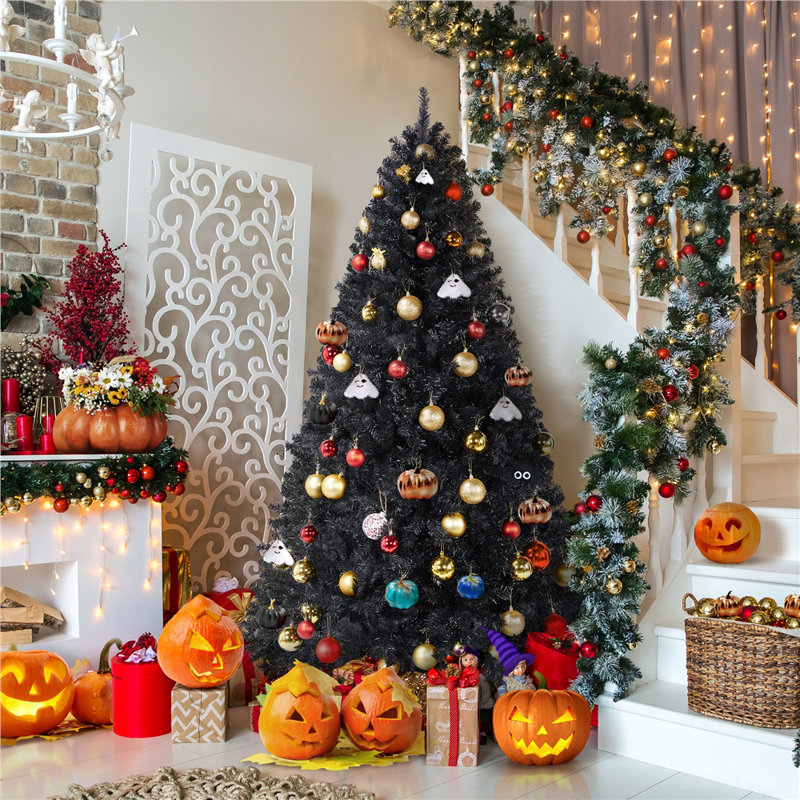 Sapin de Noël artificiel articulé multicolore avec base pliable, 7.5' H, Noir, noir, noir, noir