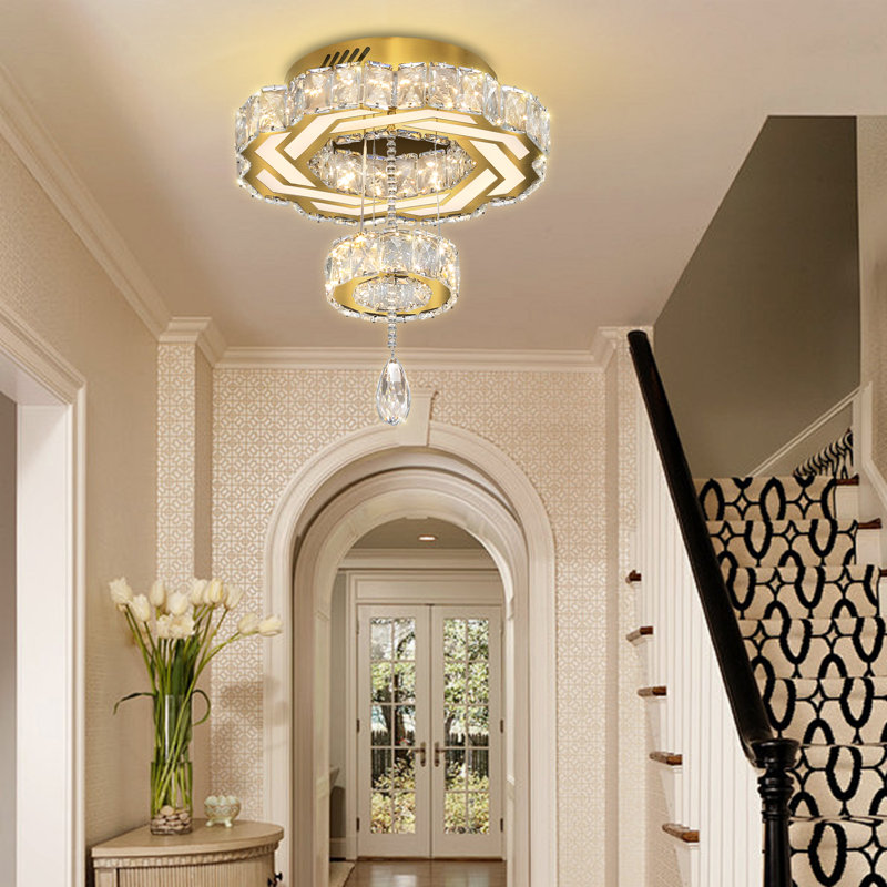 Lustre moderne en cristal doré D15'', plafonnier encastré, petit lustre pour chambre, salon, salle à manger ou couloir