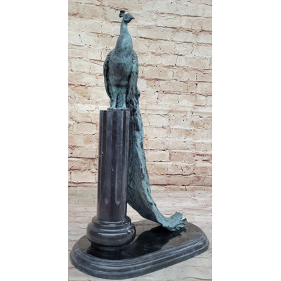 Bronze Peacock Sculpture on Marble Pedestal - Elegant Decorative Art Signed Original Milo