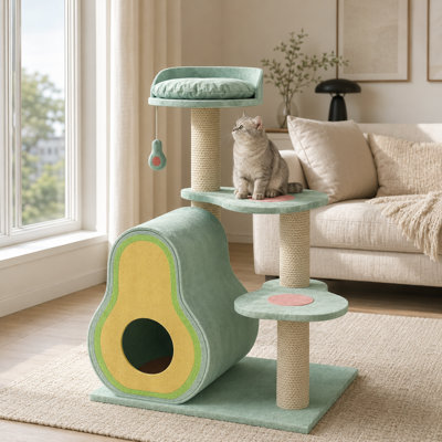 Avocado Shape Cat Tree – 33.5" Multi-Level Cat Tower with Cozy Condo, Sisal Scratching Posts, Top Perch & Hanging Toy, Stable Base for Indoor Cats (Grass Green)