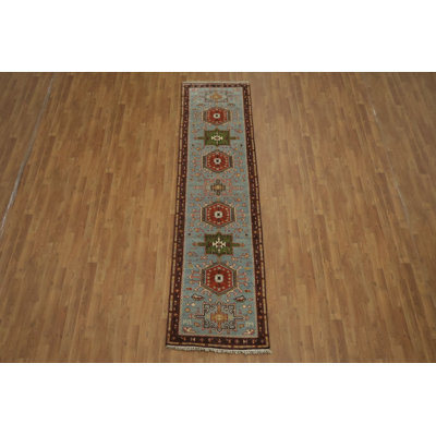Tapis de couloir géométrique en laine bleu clair à motif géométrique 10 pi 2 po x 2 pi 7 po
