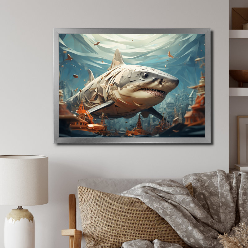 " Shark Coastal Guardian ", 16" H x 32" W x 1" D, Silver Single Picture Framed