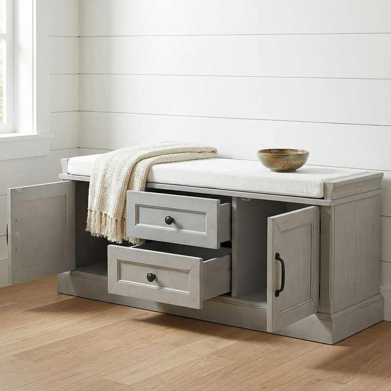 Banc de rangement pour chaussures avec rangement caché - 2 armoires, coussin amovible, poignées rétro en aluminium, Gris